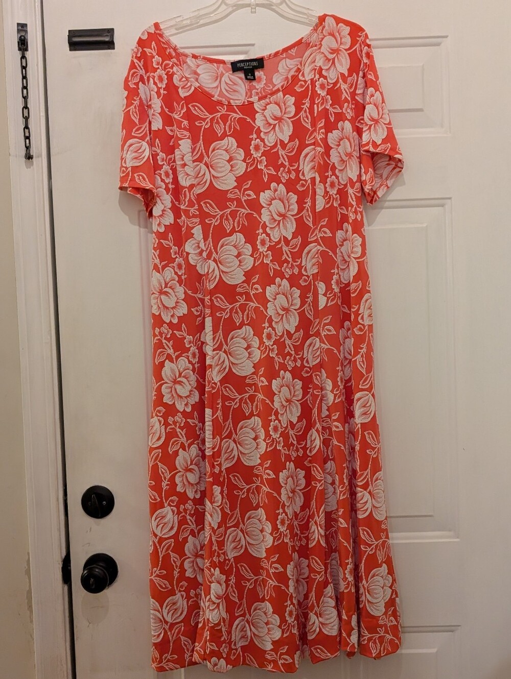 Perceptions Woman Textured Salmon/White Floral Pattern Midi Dress, 1X